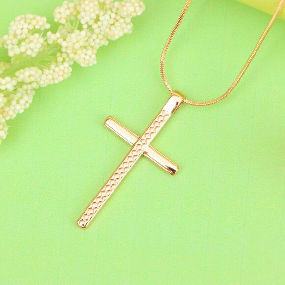 "Elegant Long Cross Rose Gold Pendant with Diamond Pattern Design, XPPT1601 - Picture 12 of 13